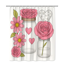 Cute Pink Floral Shower Curtain with Hearts and Flowers