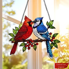 Red Cardinals with Blue Jays Suncatcher, Lovebirds Acrylic Window Hanging, Birds
