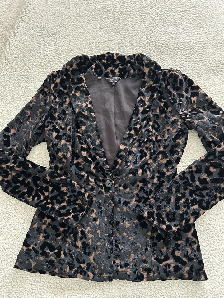 Blazer de noche Guess $138 para mujer Lisa de terciopelo de leopardo marrón/negro talla 6 Foto 4 de 4