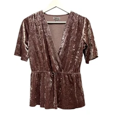 Chelsea 28 Blouse Womens Small Mauve Crushed Velvet Faux Wrap Waist Peplum Top