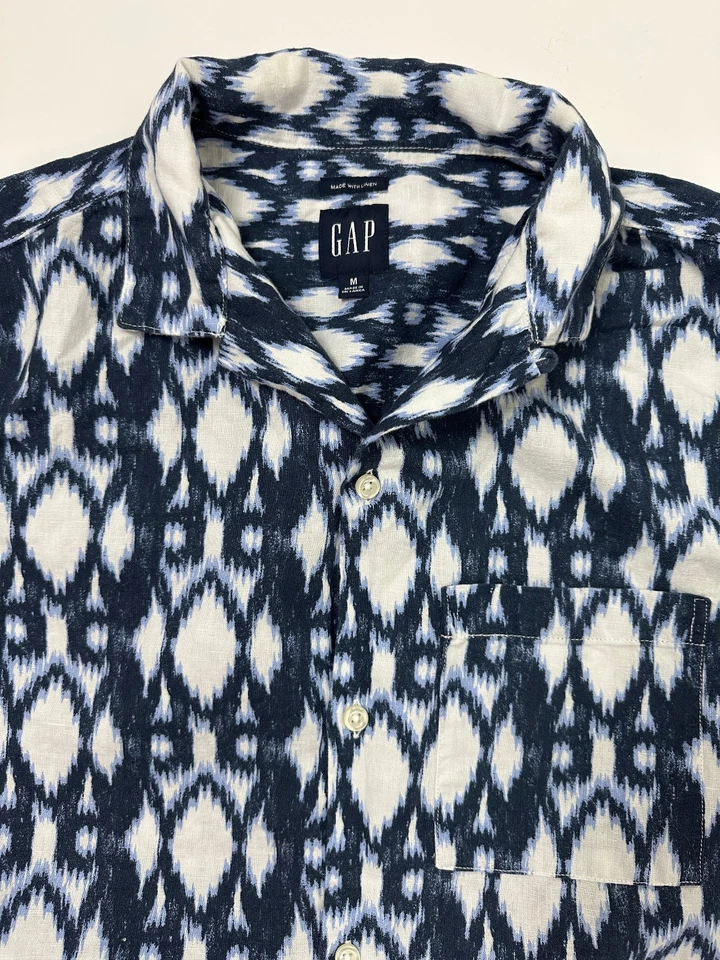 Gap Camp Shirt Men Medium Geometric Abstract Button Up Linen Blend Blue Outdoors - Image 2 of 4