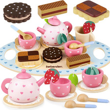 Wooden Tea Set for Little Girls Birthday Gift 2-4 Year Old Princess Toys Play Fo