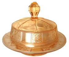 🎁VHTF c1935 JEANNETTE GLASS pink DORIC -DEPRESSION pattern ROUND COVERED BUTTER