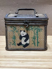 Vintage Wood Wicker Sewing Bamboo Wooden Storage Box Decorative Panda
