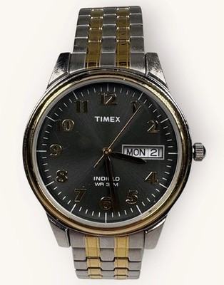 Timex Mens Quartz Watch Two Tone Bracelet Black Dial Indiglo Day Date Running