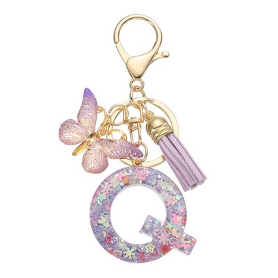 Alphabet Initial Letter Q Keychain, Cute Tassel Butterfly Key Chain, Purple