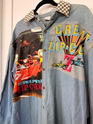 Zip-Code Vintage Denim Racing Shirt Checkered Collar Men s Large