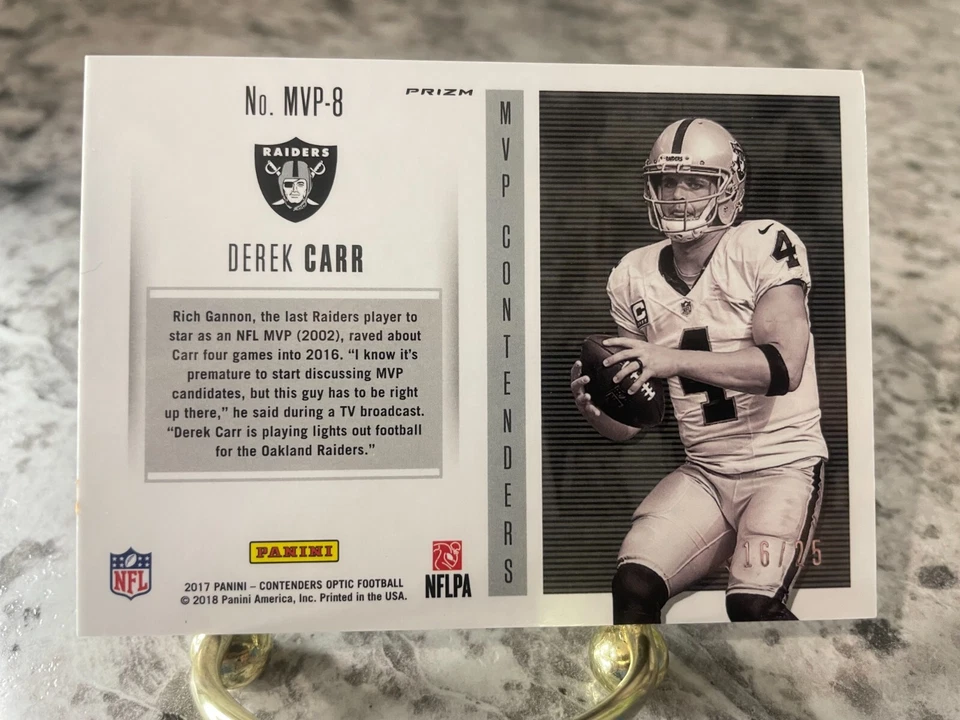 2017 Panini Optic DEREK CARR Red Prizm MVP Contenders Oakland Raiders 16/25 Rare - Image 2 of 2