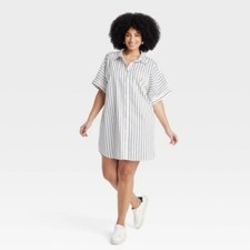 A New Day White Navy Blue Vertical Stripe Short Sleeve Shirtdress M