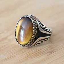 Tiger Eye Stone Men's Rings, Turkish 925 Sterling Silver with Tiger eye Rings