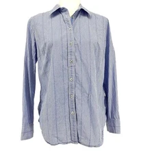 Talbots blue white cotton pinstripe women's button collared shirt blouse (M)