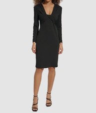 Calvin Klein Womens Black Crepe Scuba Pleated V Neck Sheath Dress Size 12