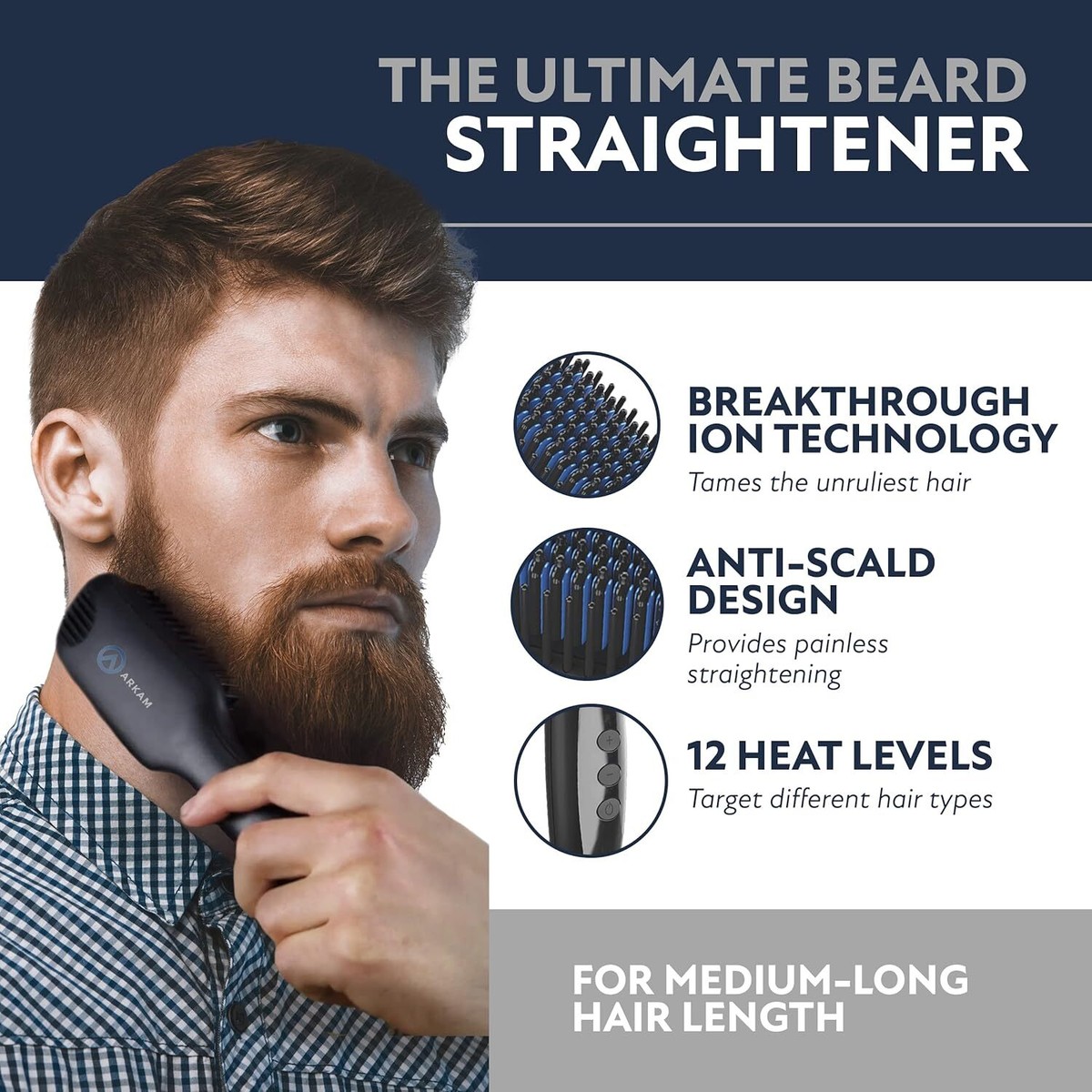 Arkam Beard Straightener for Men -Premium Heated Brush Kit