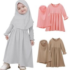 Muslim Girls Hijab Dress Set Kids Children Abaya Robe Arab Clothes Kaftan Gown
