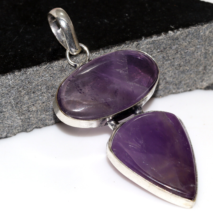 925 Silver Plated Natural Amethyst Ethnic Pendant Jewelry Size 2.3