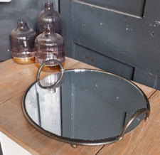 New Round Serving MIRROR Tray Chic Rustic Decorative Black Metal Candle Display