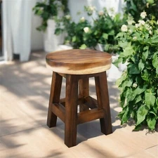 Greenage Small Rustic Solid Wooden Stool Round Side Table Bedside Table 18" H