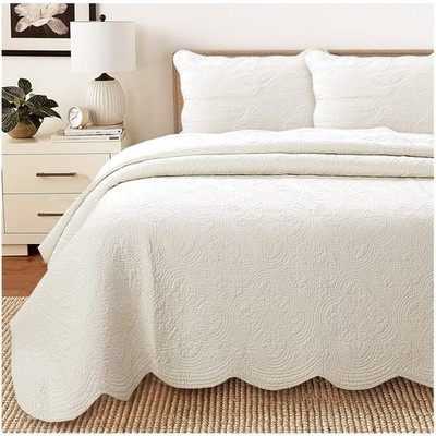 Luxurious 100% Cotton Ivory Matelasse Quilt Set Oversized King - 3 Piece
