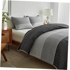 Boho Striped Quilt Set King Size, King 104"x90" -1 Quilt  2 Shams Gray White