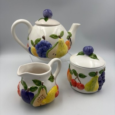 Rayware Country Keramik Obst Teekanne Milchkännchen Deckel Zuckerdose 3D Vintage Retro