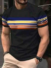 Men's Round Neck Short-sleeved T-shirt With Multi-colored Front Lines Casual 