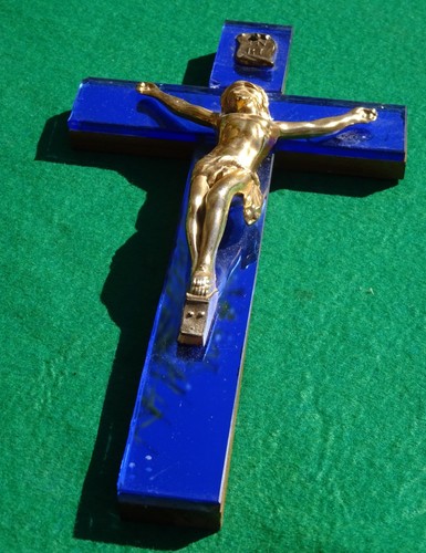 VINTAGE KOBALTBLAU VERSPIEGELTES GLAS & HOLZ WANDKRUZIFIX JESUS 10" - Bild 2 von 3