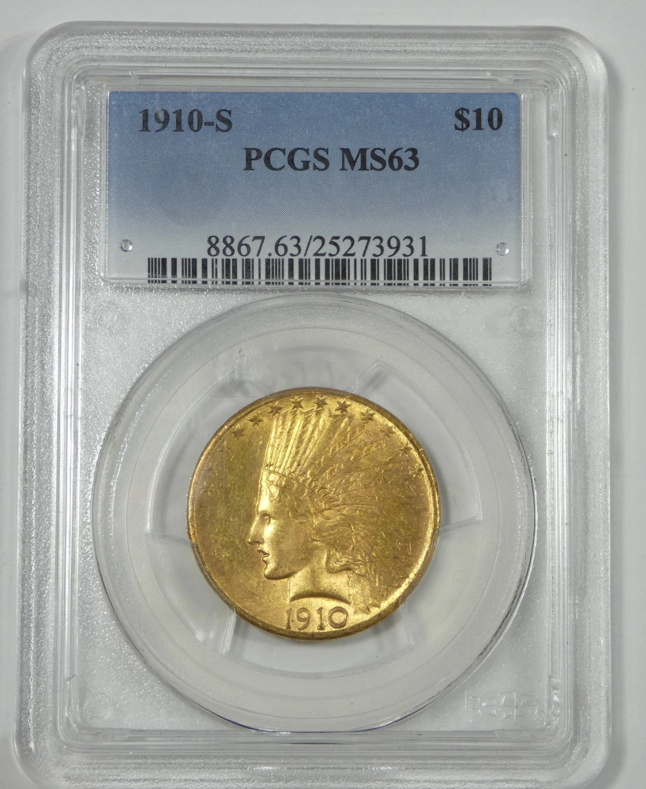 1910-S GOLD Indian Head $10 Coin CERTIFIED PCGS MS 63
