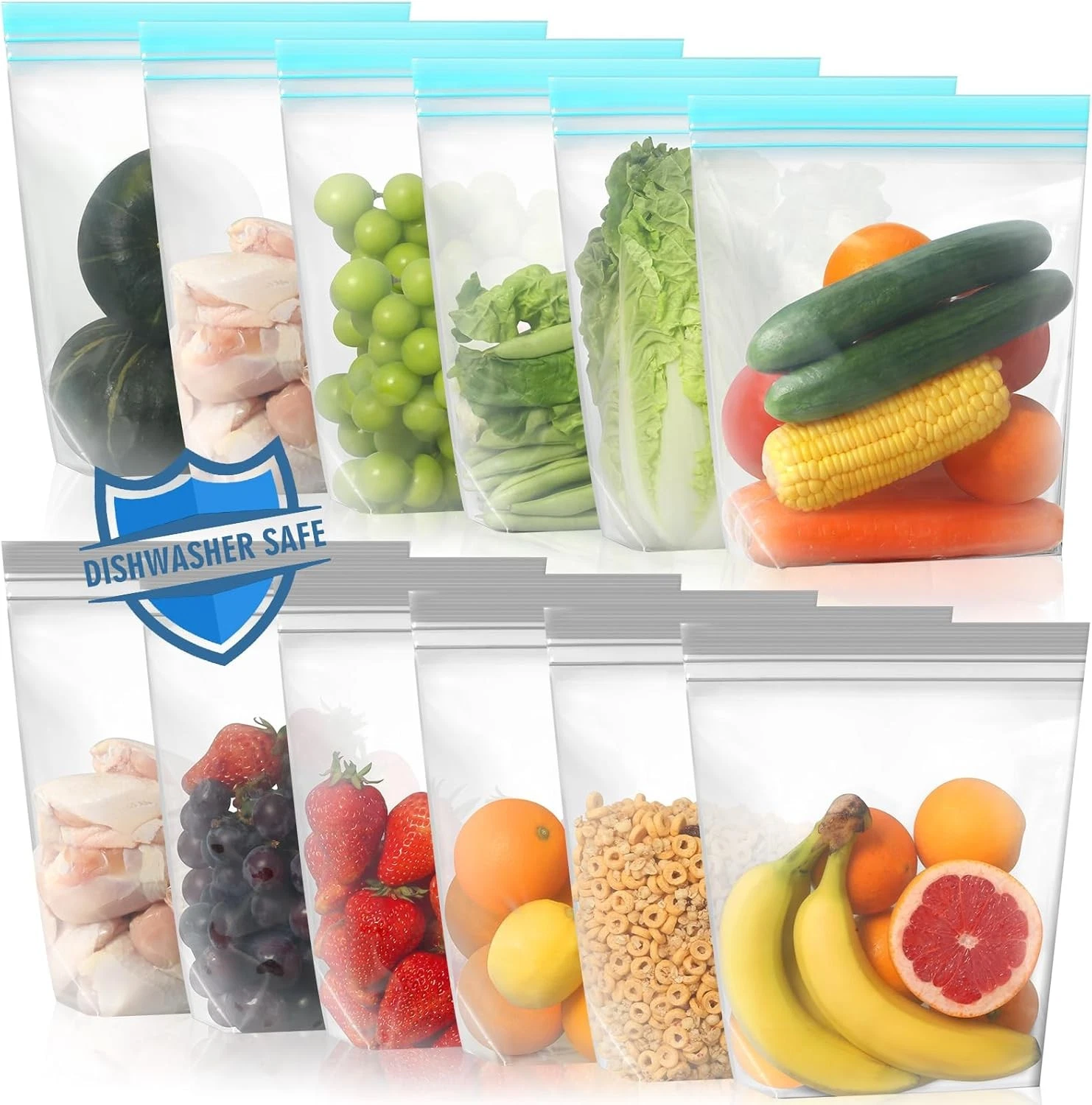 Lerine 12 Pack Reusable Gallon Freezer Bags 12 Bags, Blue Gray
