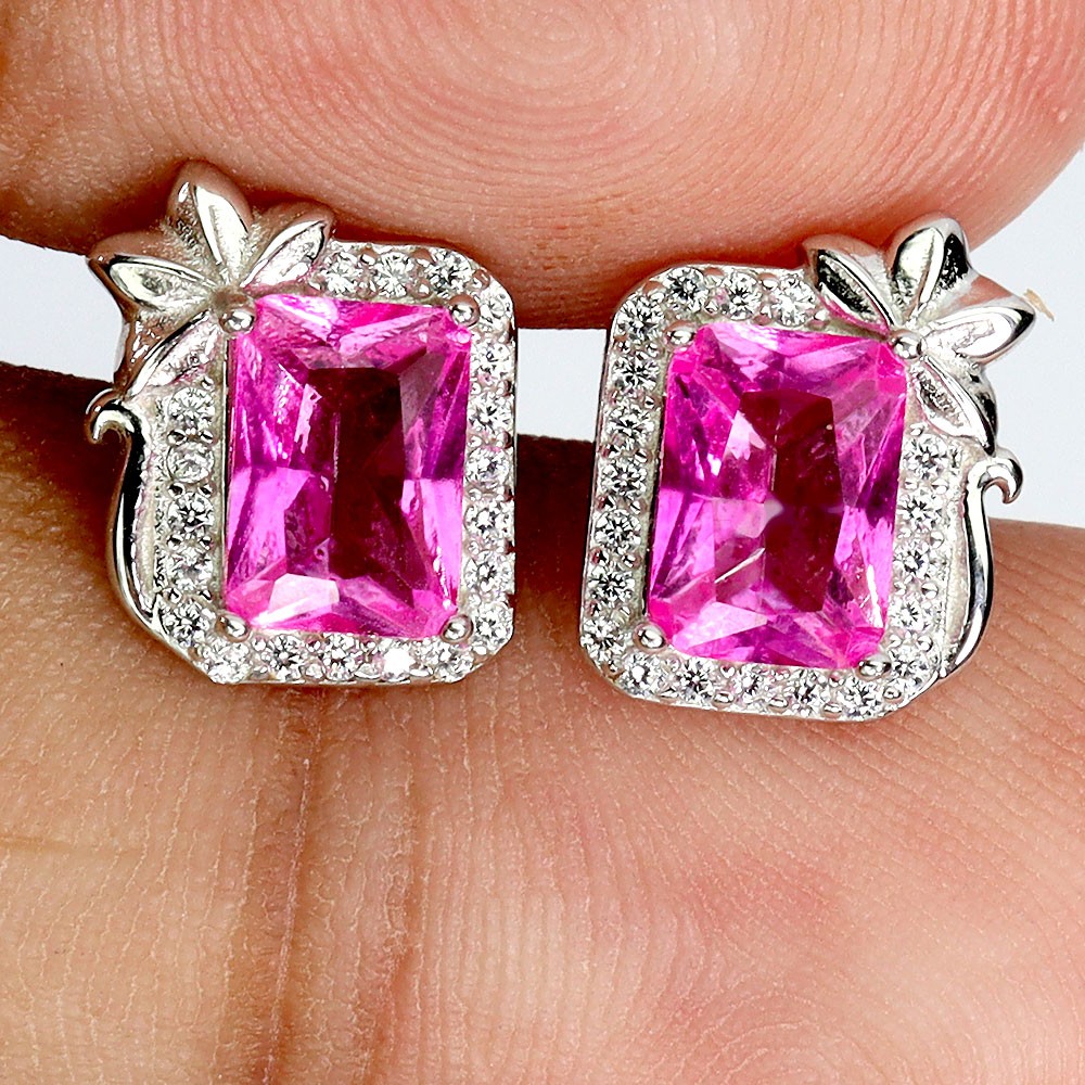 925 Sterling Silver Earrings Octagon Pink Topaz 7x5mm Natural Gemstone Jewelry