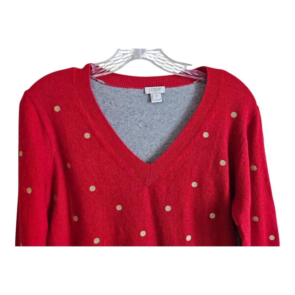 J. CREW Women M Sweater Embroidered Polka Dot Red Gold Long Sleeve Wool Blend 38 - Image 2 of 4