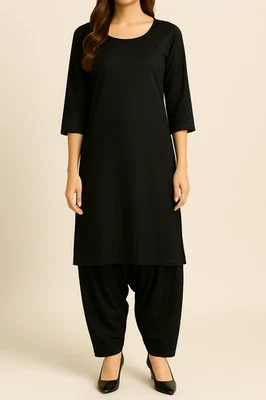 CELEBRITY FASHION Damen Schwarz Leinen Shalwar Kameez Rundhals Anzug Pakistanisch Indisch Kleid