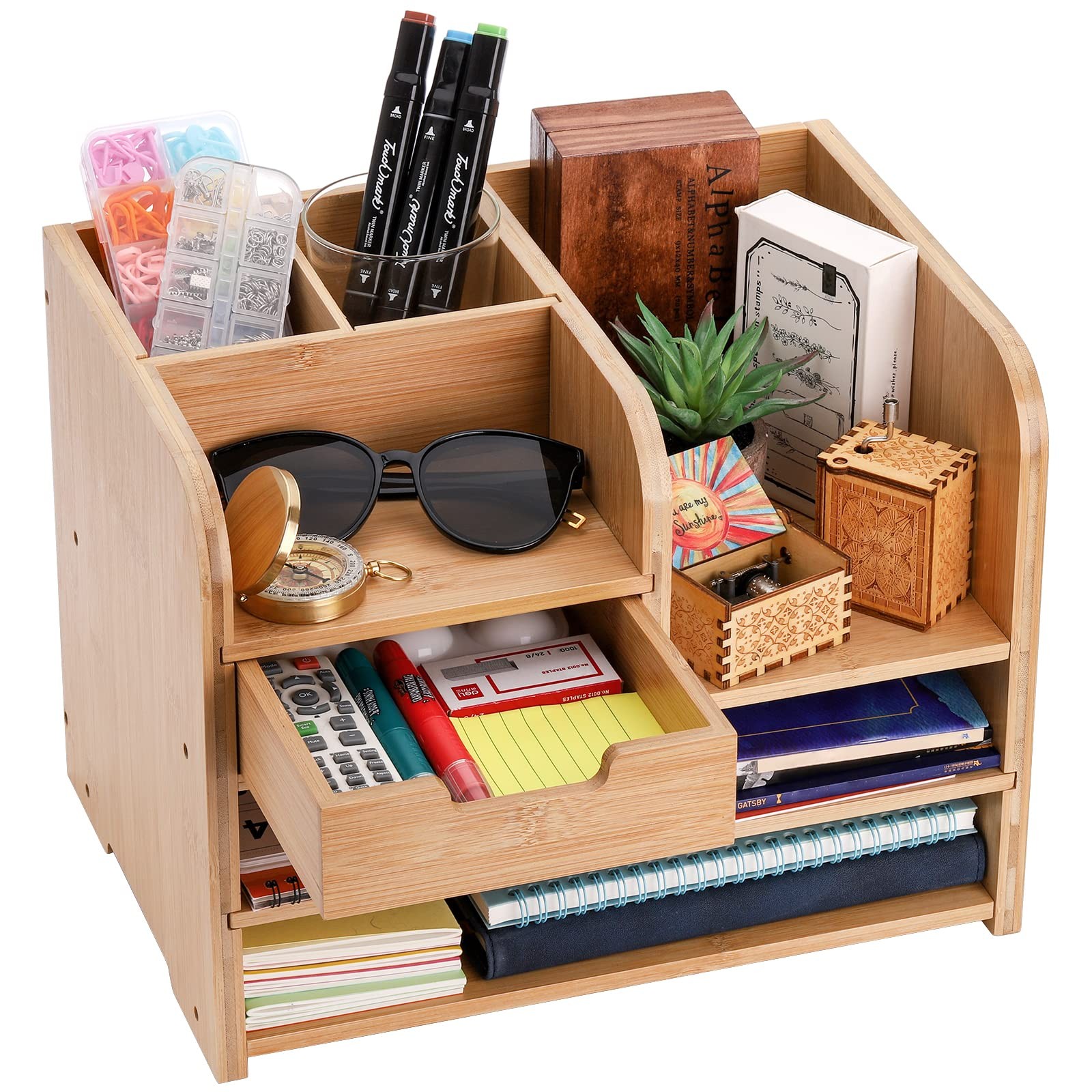 Frcctre Bamboo Desk Organizer with Drawer 3-Tier File Paper Pen Holder Statio...