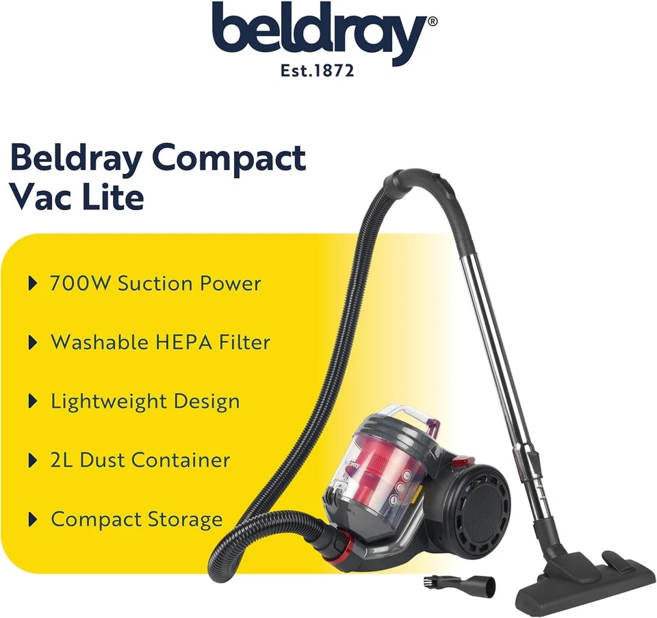 Beldray Cylinder Vacuum Cleaner Bagless Compact Vac Lite 700 W 2 L Black/Red NEW - Image 4 of 4
