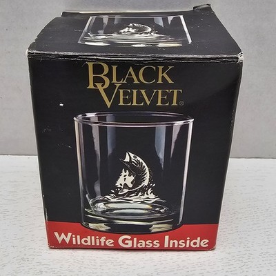 Vintage Black Velvet Canadian Whiskey Jumping Fish Wildlife Low Ball Glass NIB