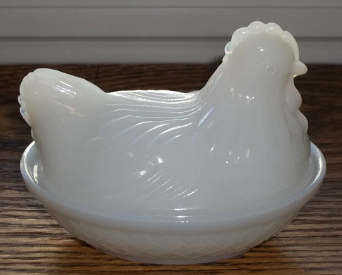 Vintage Hazel Atlas Milk Glass Hen On Nest Dish Rooster Small Covered Dish