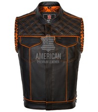 Men  s Black Orange Leather Motorcycle Vest Diamond, Side Lace, Concealed Carry