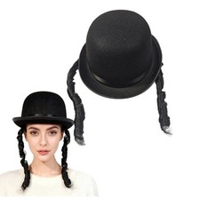 1Pc Jewish Hat Black Costume Cap w/Side Locks Curl Hair Halloween Dress Up