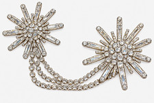 Silver Tone Starburst Star Clear Rhinestone Double Brooch Pin Set w/ Chain