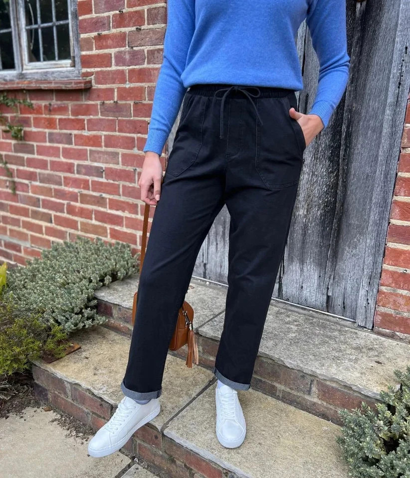 Trousers Womens Black Denim Jersey Cotton Rich Drawstring Straight Leg Joggers - Image 2 of 4