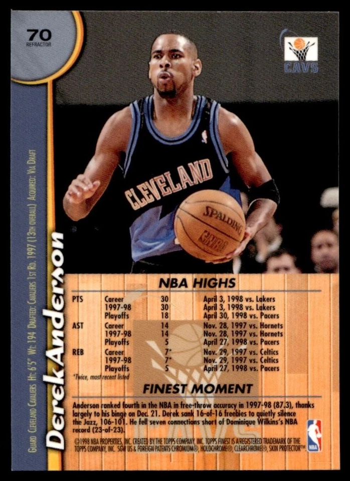 1998-99 Topps Finest Refractor W/ Film Derek Anderson Cavaliers #70 A1 - Image 2 of 2