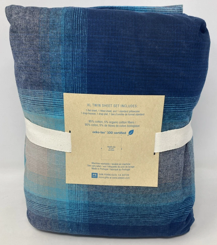 Pottery Barn Teen 3 Piece Blue Plaid Flannel Sheet Set Size XL Twin NEW - Image 4 of 4