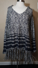 Anthropology Paper Crane S navy ivory fringe pull on hood poncho sweater cover