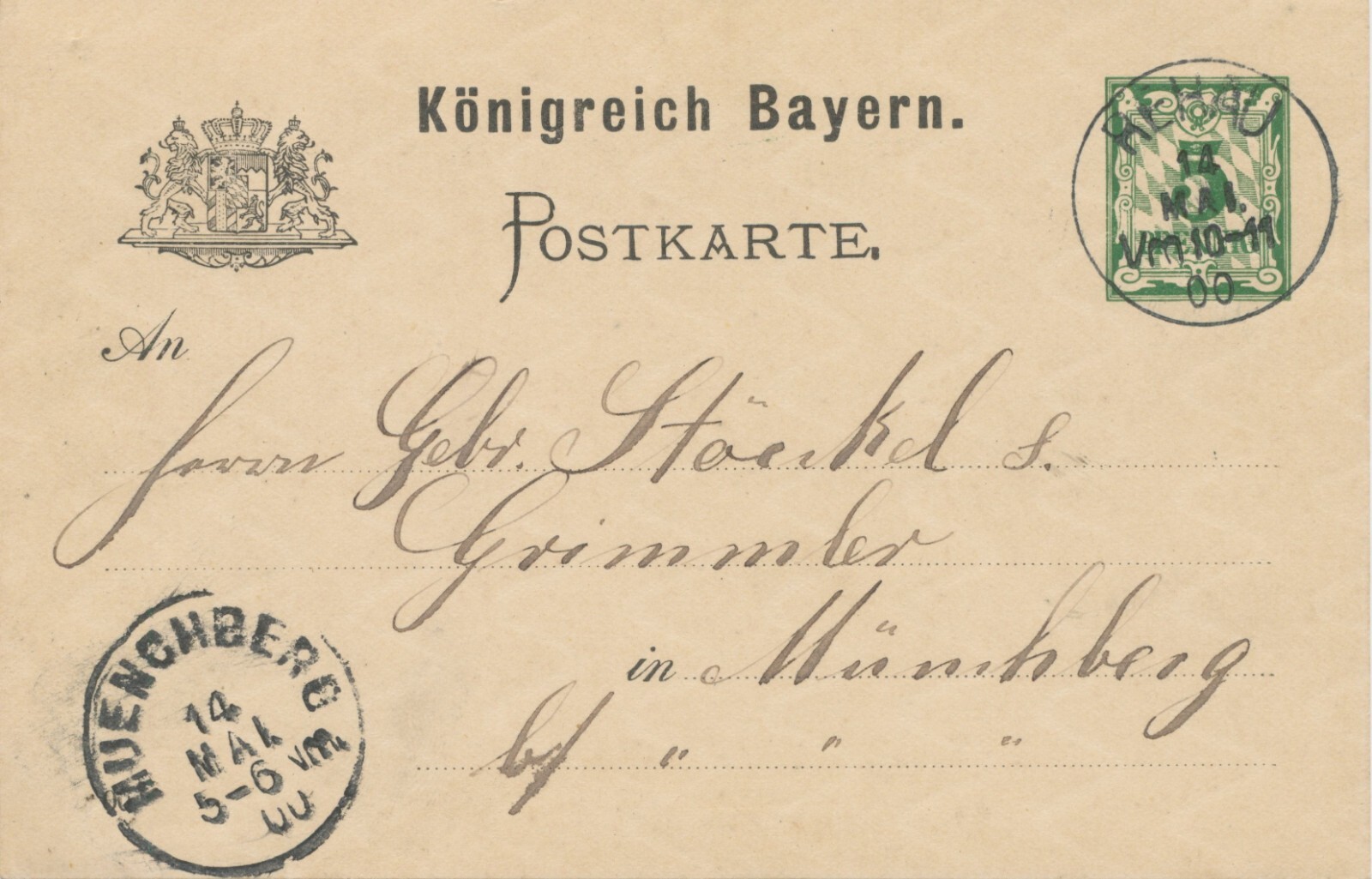 Bavaria local stamp REHAU K1 1900 on 5 Pf diamond-GA to Munichberg (Münchberg);