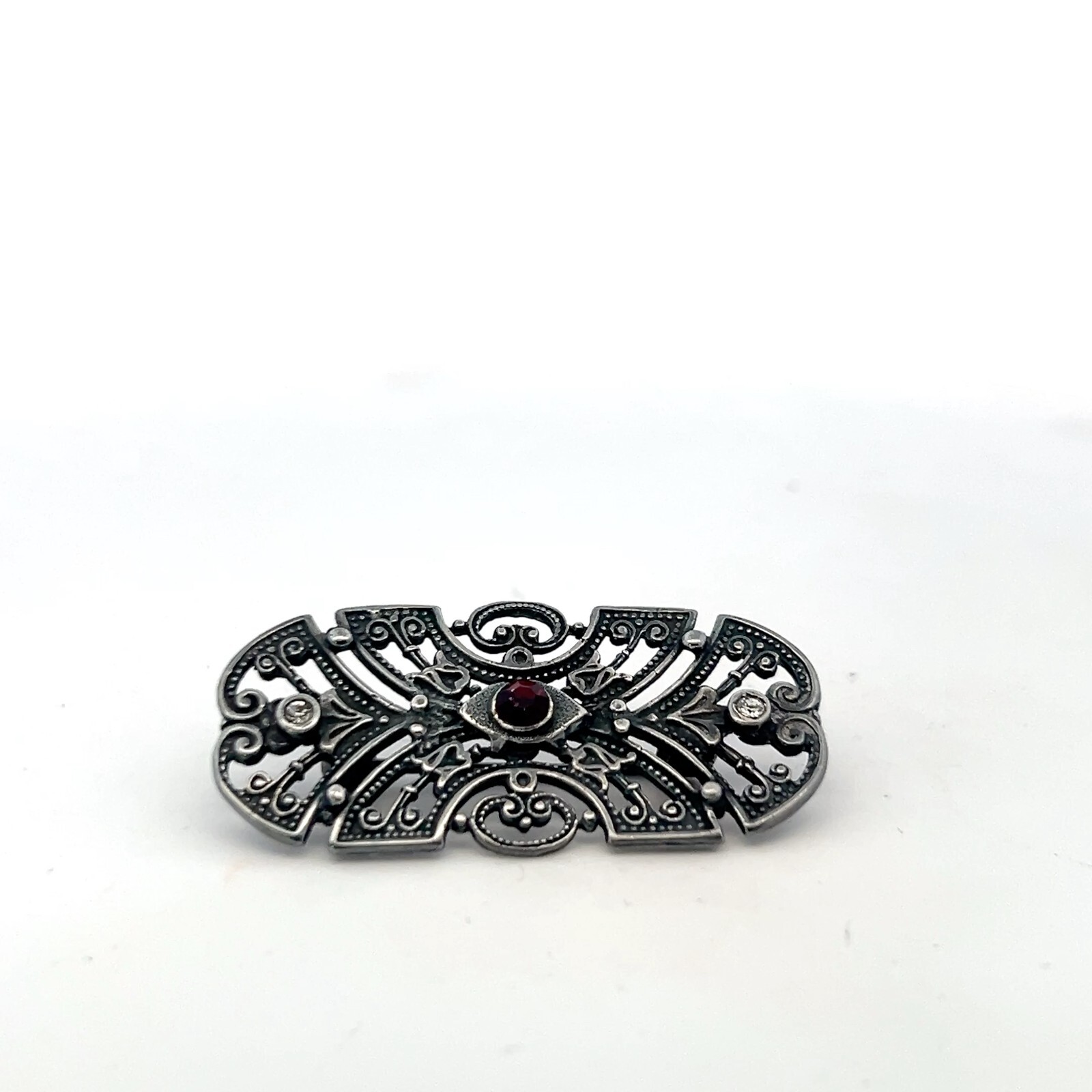 Sterling Silver Ruby and Rhinestone Antique Pin B… - image 1