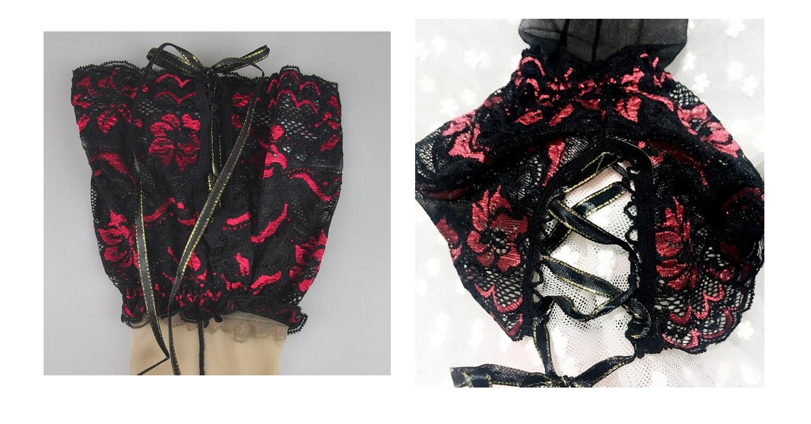 Black Thigh High Stockings Hold-ups Cuban Heel Back Seam Lace Up Wide Floral Top