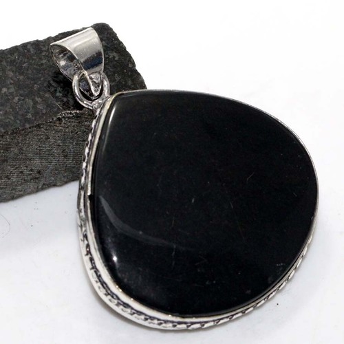 Black Obsidian 925 Silver Plated Gemstone Pendant 2" Stylish Jewelry GW