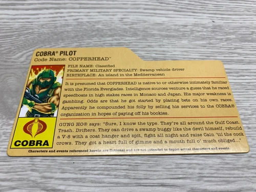 GI JOE FILE CARD COBRA PILOT COPPERHEAD HASBRO FILE CARD