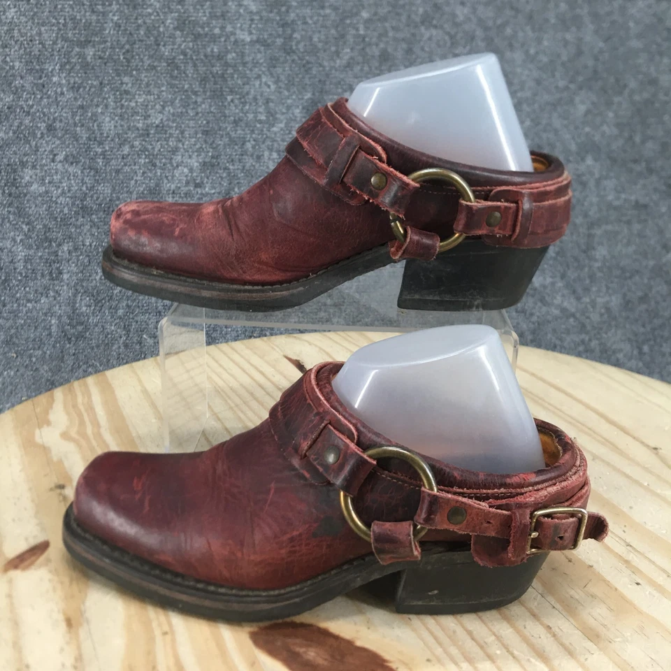 Zapatos Frye para mujer 5,5 M zuecos con cinturón cuero borgoña punta cuadrada bloque cómodo Foto 2 de 4
