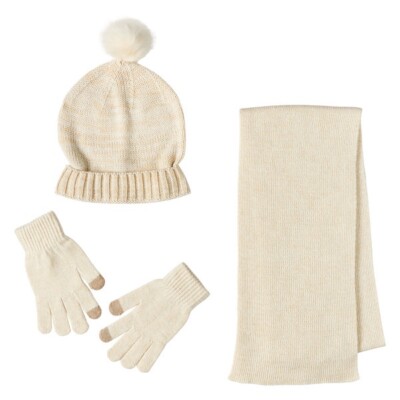 Joie Beige and Ivory Knit Hat and Gloves Set 3-Piece Cable-Knit Scarf, Hat & Gloves Set – New York & Company main image 4