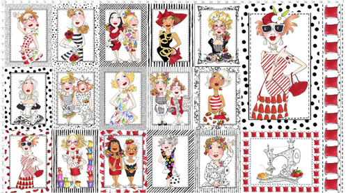 Sewing Theme Fabric Sew Sew Ladies Red Loralie Designs Cotton 24"X44" Panel - 第 1/1 張圖片